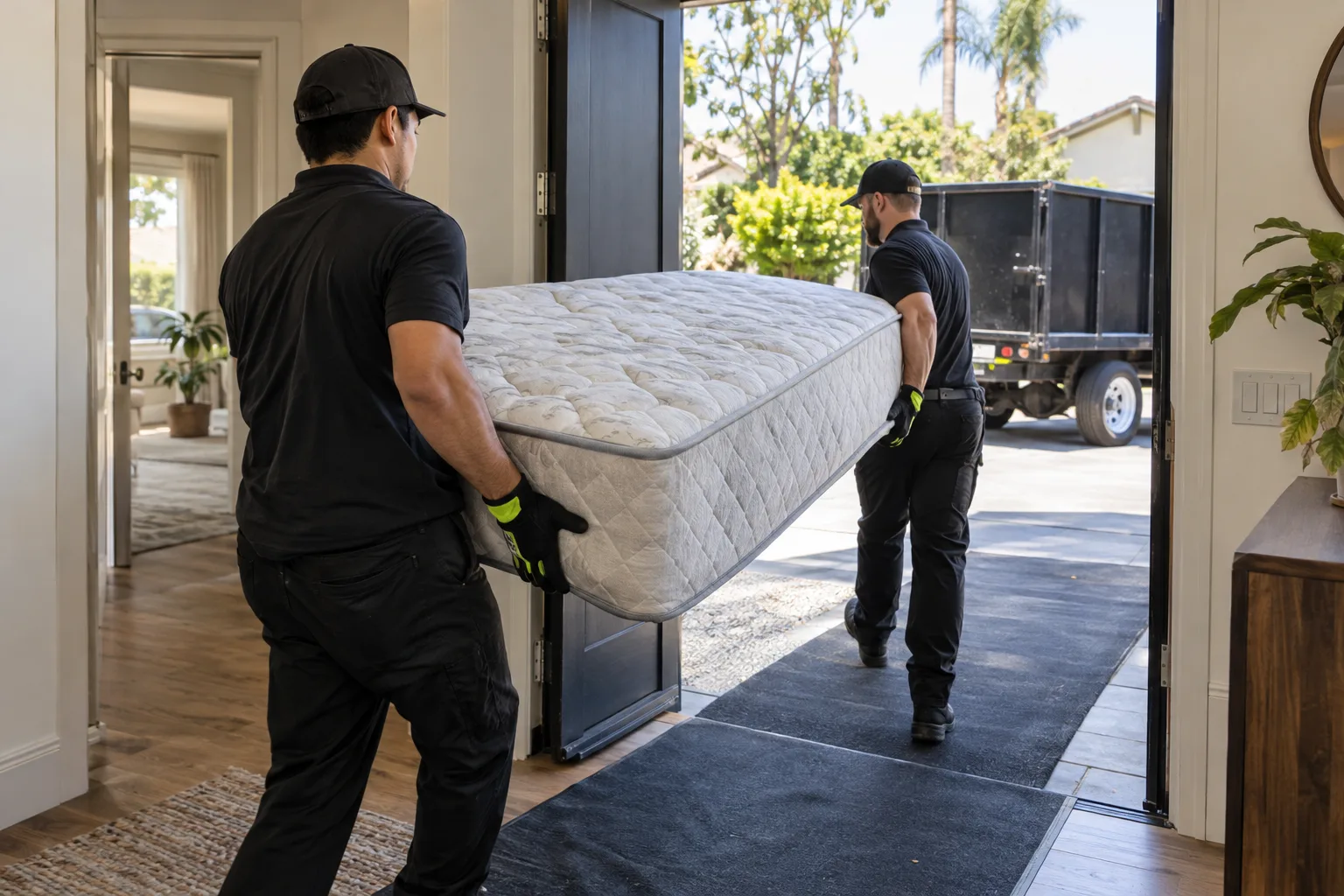 Two crew members carrying a mattress out of a home